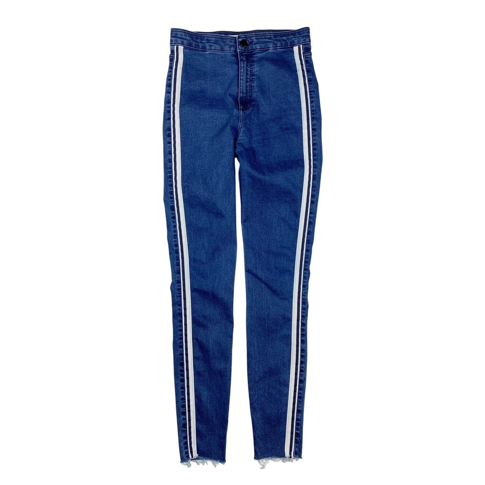 Zara Trafaluc Side Stripe High Rise Skinny Jeans Womens 6 Blue Raw‎ Hem
